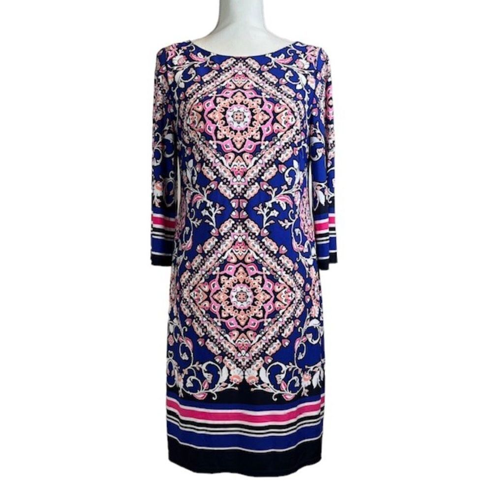 Jessica Howard Sheath Dress Blue with Pink, Black, Orange‎ Print and Stripe 8
